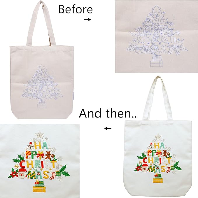 Canvas Tote Bag Embroidery Kit with Pattern for Beginners, Arts and DIY Embroidery Crafts Kits for Adults, Instructions, Thimble, Embroidery Hoops, Color Threads (Beige, CR002 Christmas Tree)