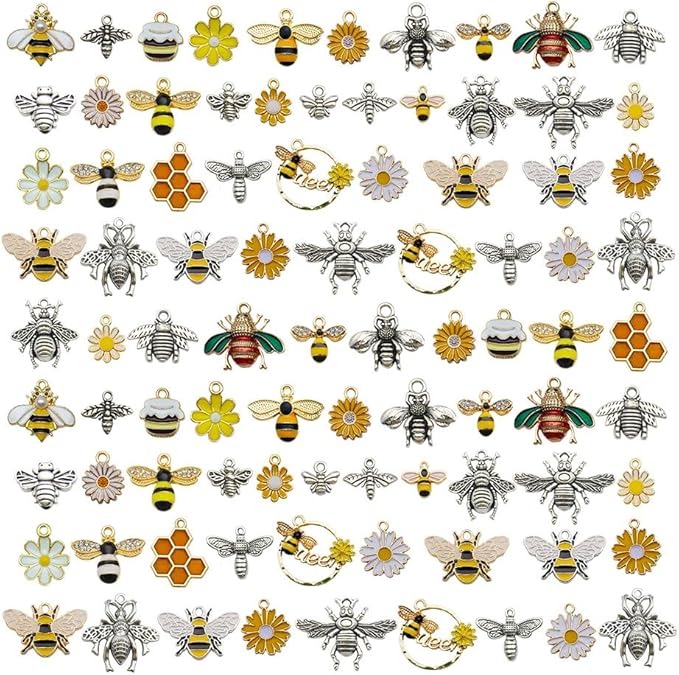 WOCRAFT 120pc Assorted Enamel Bracelet Honeycomb Bee Charms for Jewelry Making Crafts DIY Necklace Bracelet Keychain Crafting Charms Kit (SN814)