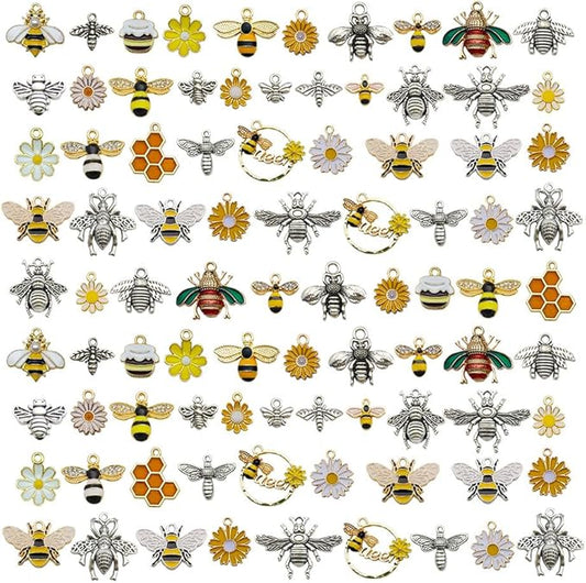 WOCRAFT 120pc Assorted Enamel Bracelet Honeycomb Bee Charms for Jewelry Making Crafts DIY Necklace Bracelet Keychain Crafting Charms Kit (SN814)