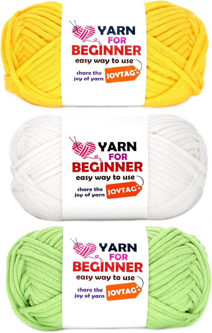 Yarn for Crocheting and Knitting Cotton Crochet Knitting Yarn for Beginners with Easy-to-See Stitches Cotton-Nylon Blend Easy Yarn for Beginners Crochet Kit(3x50g)-Yellow+White+Green