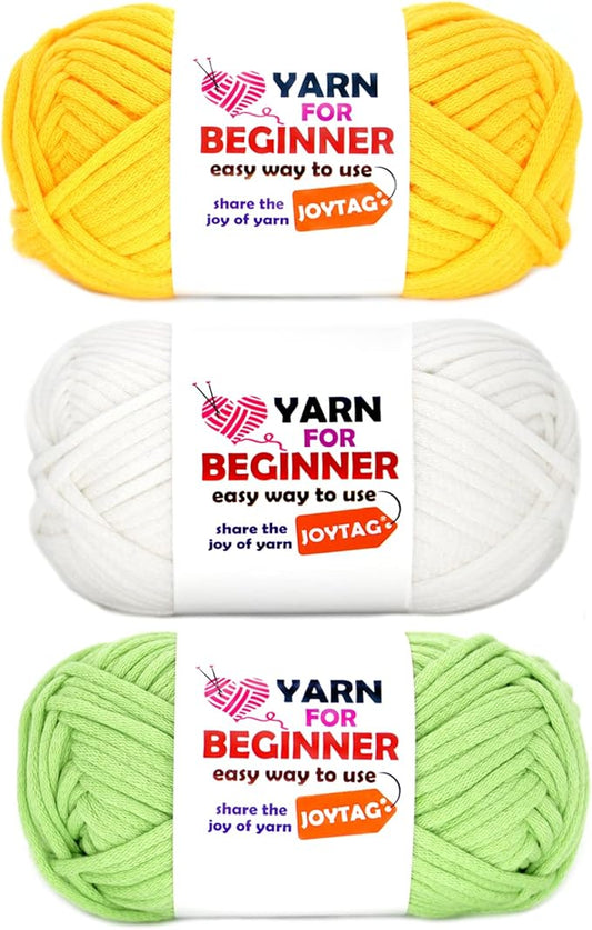 Yarn for Crocheting and Knitting Cotton Crochet Knitting Yarn for Beginners with Easy-to-See Stitches Cotton-Nylon Blend Easy Yarn for Beginners Crochet Kit(3x50g)-Yellow+White+Green