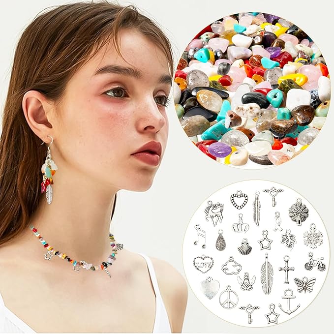 Natural Chip Stones for Bracelet - 400pcs 5mm to 8mm Gemstones Healing Loose Rocks Bead Hole Drilled DIY with 30pcs Silver Charms for Bracelet Necklace Earrings Jewelry Making Craft