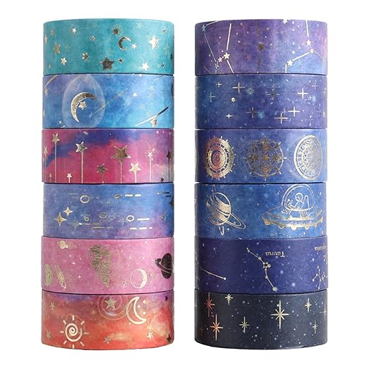 Galaxy Purple Washi Tape - Gold Foil Washi Masking Tape with Constalation, Blue Sky, Moon, Star, Celestial, Perfect for Bullet Journal, DIY Crafts