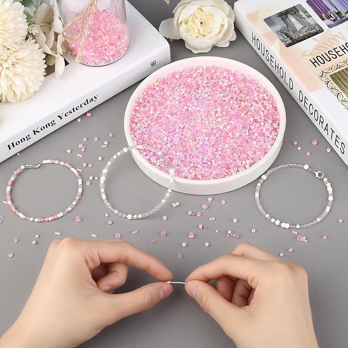 DUQGUHO Pink Beads for Jewelry Making 4mm Pink Glass Seed Beads Kit 15 Color 3mm 2mm Small Plastic Tube Bead for Bracelets Craft DIY