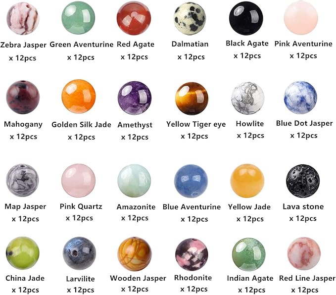 288pcs Natural Round Stone Beads Genuine Real Stones Beading Loose Gemstone DIY for Bracelet Necklace Earrings Jewelry Making (10mm-24 Color S1, 10mm)