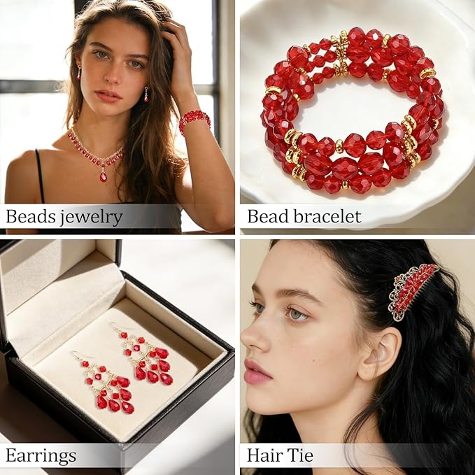 Song Xi 1500PCS Glass Beads for Jewelry Making, Assorted Faceted Crystal Beads Kit for Bracelet Earring Necklace, for DIY Clear and Iridescent Christmas Gift (AB Red) ﻿ ﻿