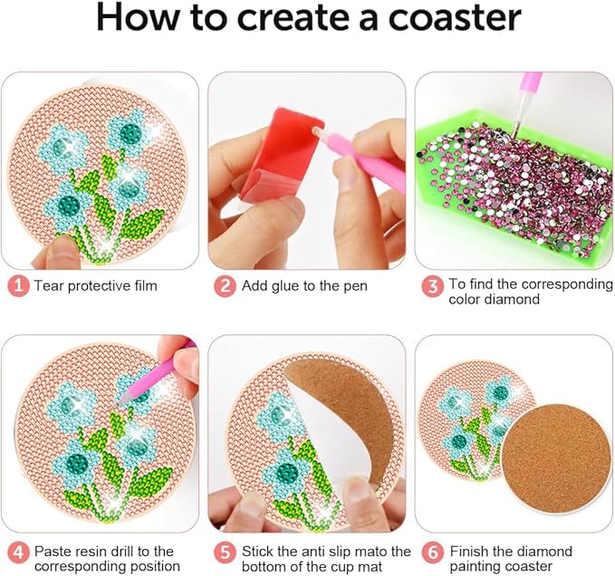 DOTZSO 8 Pcs Diamond Art Coasters Kit with Holder, Diamond Art Kits for Adults Beginners Small Diamond Painting Coasters, Arts and Crafts for Adults Supplies Item Sets (Flower)