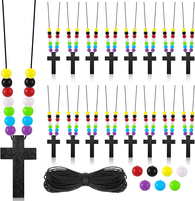 Kathfly DIY Wood Cross on Cord Pendant Necklace Sunday School Crafts for Kids Wood Cross Necklace with Colorful Beads Religious Party Favor for Vbs Church Easter Gifts