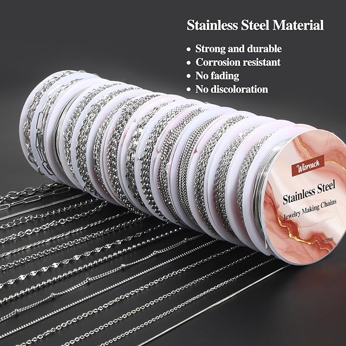 wisreach necklace chains for jewelry making, 118 feet 15 rolls stainless steel jewelry chains for diy necklace bracelet making with stainless steel jump rings/lobster clasps/connectors