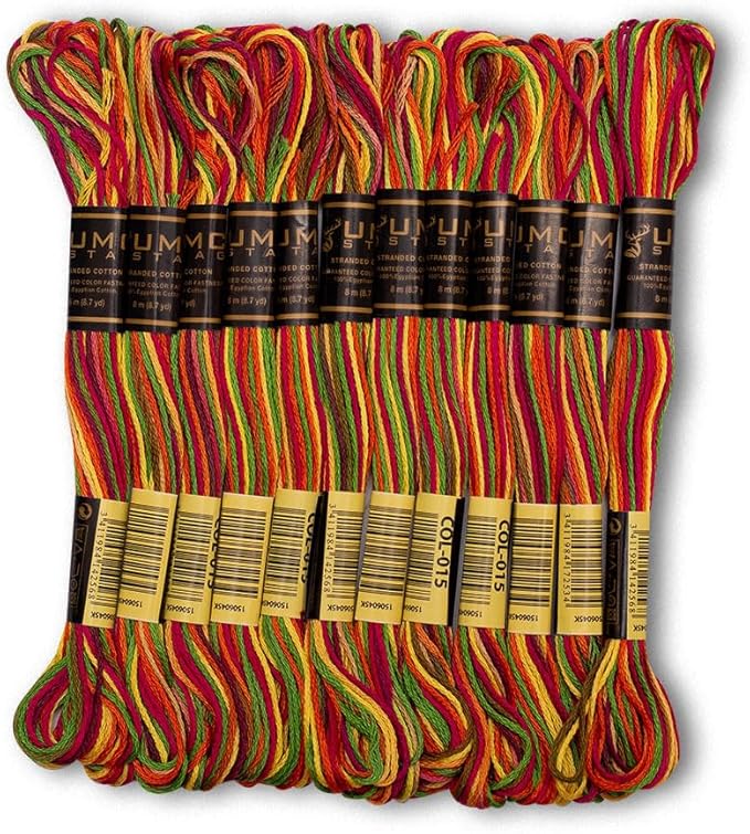 Pack of 12 Premium Embroidery Thread | 100% Egyptian Cotton Premium Skeins | Cross Stitch Embroidery Floss | Oeko TEX Certified | Ideal for Arts & Crafts (Rainbow Variegated 015)