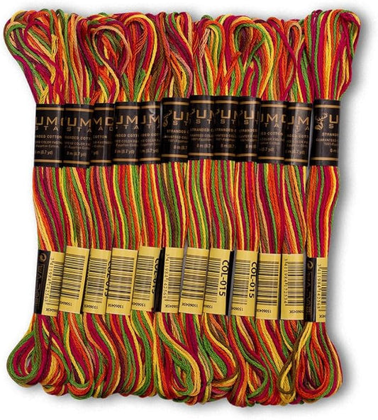 Pack of 12 Premium Embroidery Thread | 100% Egyptian Cotton Premium Skeins | Cross Stitch Embroidery Floss | Oeko TEX Certified | Ideal for Arts & Crafts (Rainbow Variegated 015)