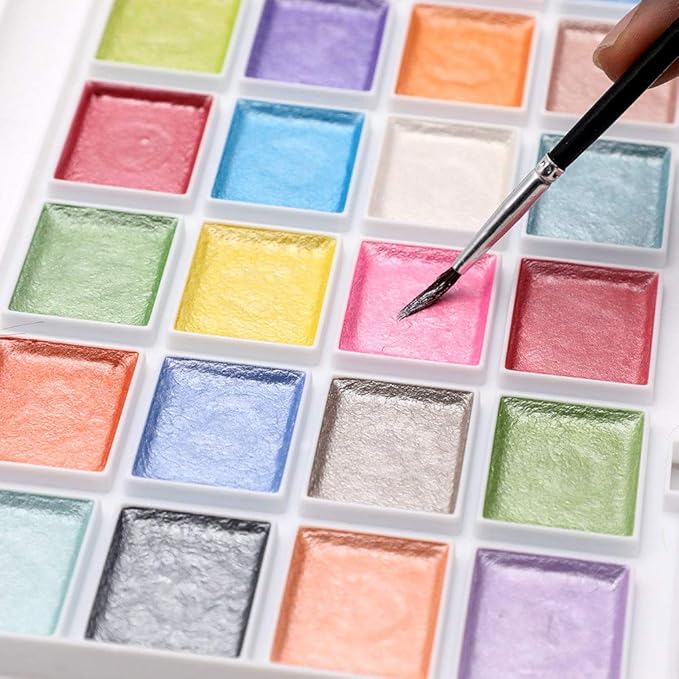 Artecho 28 Metallic Watercolor Paint Set, Glitter Colors, Semi-Moist Pearlescent Water color, Ideal for Beginners and Artists
