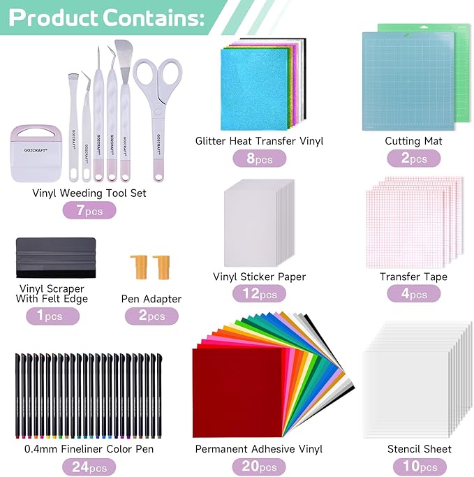 GO2CRAFT All-in-One Accessories Bundle, 90Pcs Ultimate Tools and Accessories with Vinyl, Weeding Tools, Transfer Tape, Crafting Starter Kit