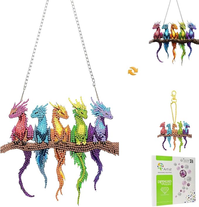 Masendp Dragon Diamond Painting Hanging Decoration Kit, DIY Special-Shaped Rhinestone Window Hanging Kit, Suitable for Home and Garden Wall Decoration Gifts