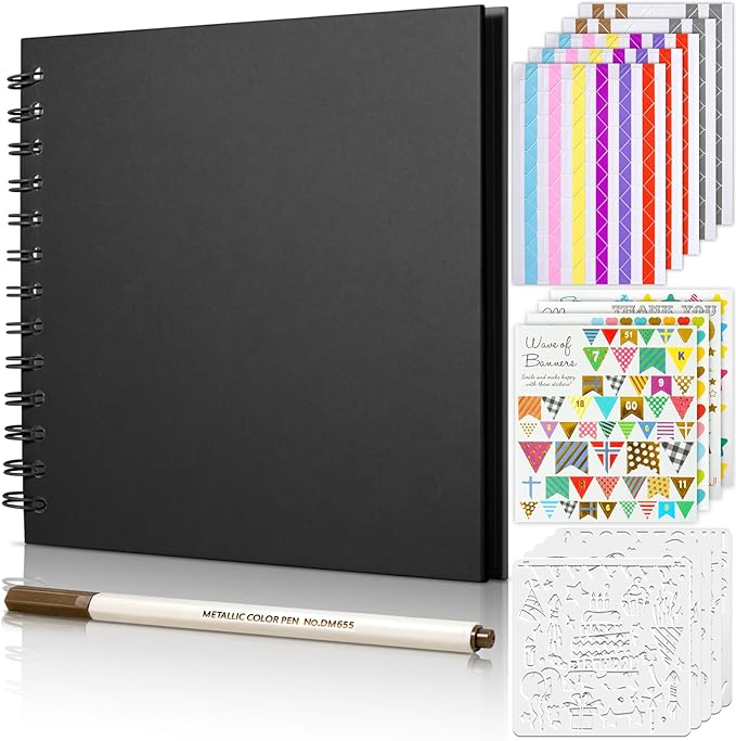 GOTIDEAL 8 x 8 Inch Scrapbook Album with Metallic Marker,40 Pages Kraft Paper Photo Albums for Wedding&Anniversary,Family DIY Scrap Books with Scrapbooking Stickers Corners(Black)