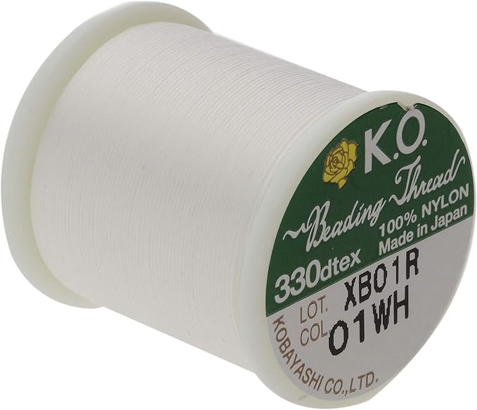 KO Nylon Beading Thread, White Color, Japanese Pre-Waxed 100% Nylon, 330TEX, Tangle Resistant Knotting Cords, 50m /55 yds Spool, Use for Seed Bead Projects, Loom Work & Bead Weaving