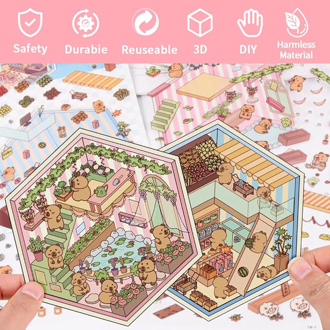 Scrapbooking Supplies Kit,DIY 3D Stickers Scene,3 Set Funny DIY Sticker Scenes,Make Your Own Cute 3D Miniature Room Scene Stickers for Adults Relief Stress Pass The Time.12-13-14
