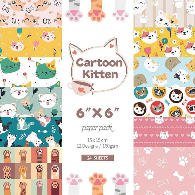 6x6” 160gsm cardstock Single Sided Scrapbooking 24 Papers Pad vintage decoupage scrapbook kit patterned paper junk journal supplies journaling supply scrap paper crafting Cat