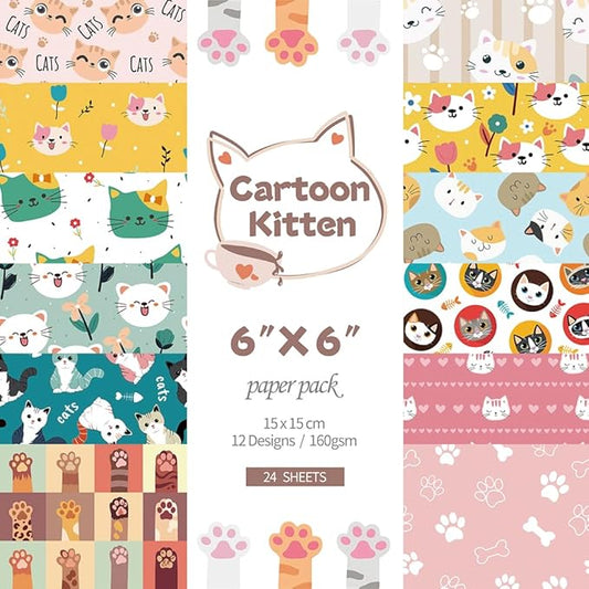 6x6” 160gsm cardstock Single Sided Scrapbooking 24 Papers Pad vintage decoupage scrapbook kit patterned paper junk journal supplies journaling supply scrap paper crafting Cat
