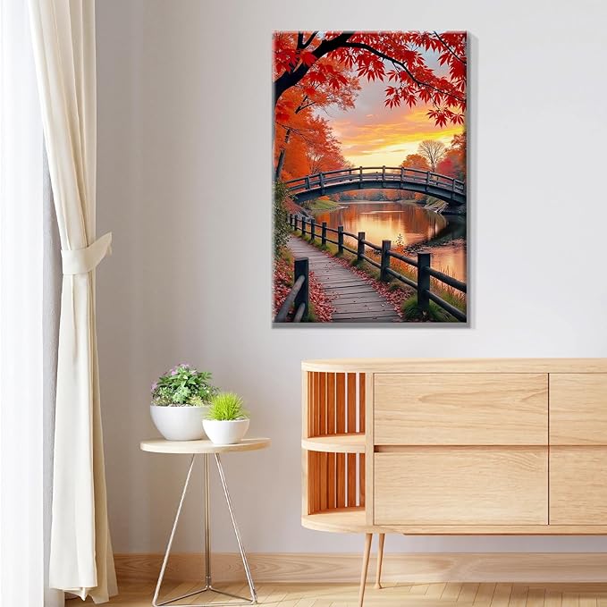 JOOZ Paint by Numbers Kit for Adults with Frame Autumn Landscape Paint by Number with Easel Forest Adult Paint by Number Kits Framed Canvas Bridge Oil Painting Kits for Home Wall Decor 8x12 Inch