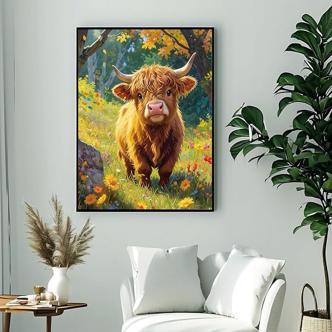 Gemozaic Highland Cow Diamond Painting Kits for Adults, Cute Cow Diamond Art Kits for Adults, Farmhouse Gem Art Kit for Gift Home Wall Decor, 12 x 16 Inch, No Frame