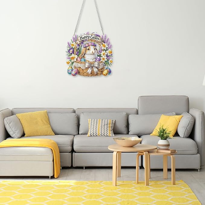 CEOVR Easter Hanging Diamond Art for Adults, Easter Bunny&Egg Diamond Painting Pendant DIY Gem Art Wall Hanging Ornament, Acrylic Home Garden Decor with Chain, Box Kit 7.87×7.48inch