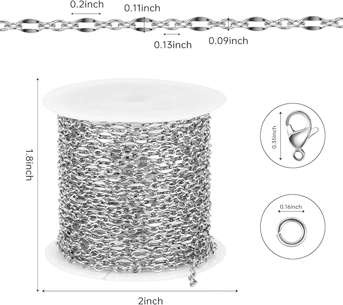 Kyutong 16.4 Feet Stainless Steel Cable Chain for Jewelry Making Thin Lip Links Chains Bulk with Connectors for Jewelry Crafts Supplies