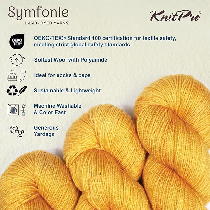 KnitPro Symfonie Fingering Weight Hand Dyed Semi-Solid Yarn Skein | Extra Fine Merino Wool & Polyamide Blend for Knitting & Crocheting, Oeko-TEX Certified 400m, 100g | Terra Turmeric