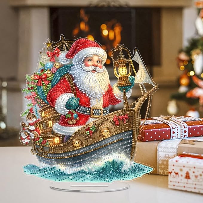 LAKEQUILL Christmas Diamond Painting Kits, Tabletop Ornament, Stand Up Diamond Art Desktop Kits for Home Office Decor, New Year Gift - Santa Claus & Boat