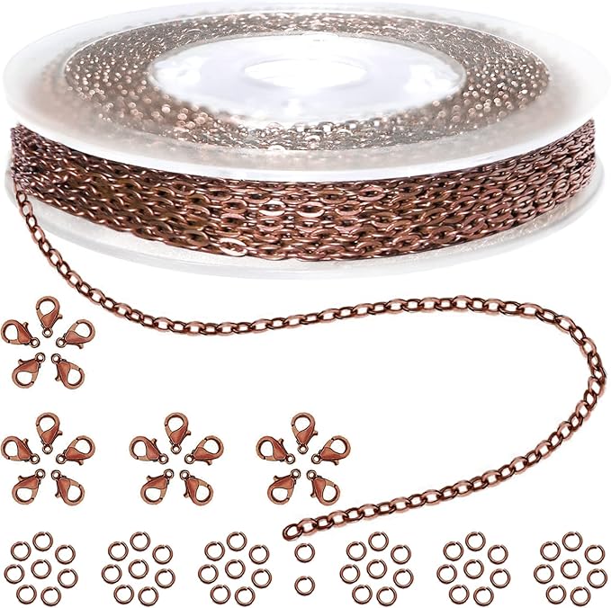 jishi 33ft link cable chain roll 2mm, red copper chain for jewelry making necklace earring bracelet diy craft jewelry making findings supplies, copper plated iron metal rolo necklace chain spool set