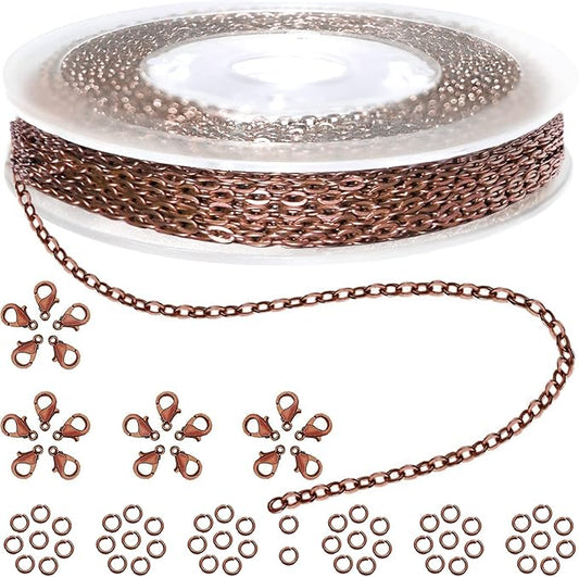 jishi 33ft link cable chain roll 2mm, red copper chain for jewelry making necklace earring bracelet diy craft jewelry making findings supplies, copper plated iron metal rolo necklace chain spool set