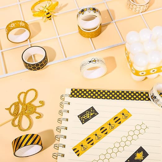Whaline 12 Rolls Bee Washi Tape Foil Gold Honey Bee Washi Masking Tape 0.6 Inch Wide Bumblebee Honeycomb Daisy Print Decorative Adhesive Masking Tapes for Scrapbook Gift Wrapping DIY Art Crafts