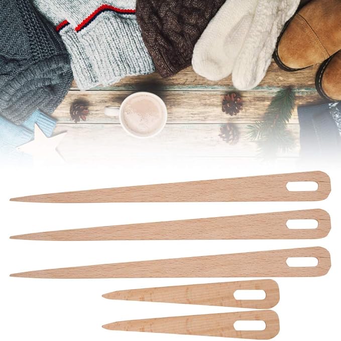 Haosie Wood Needle, 5 Pack Wooden Weaving Crochet Needle Hand Loom Stick Tapestry Sewing Making DIY Crafts Tools