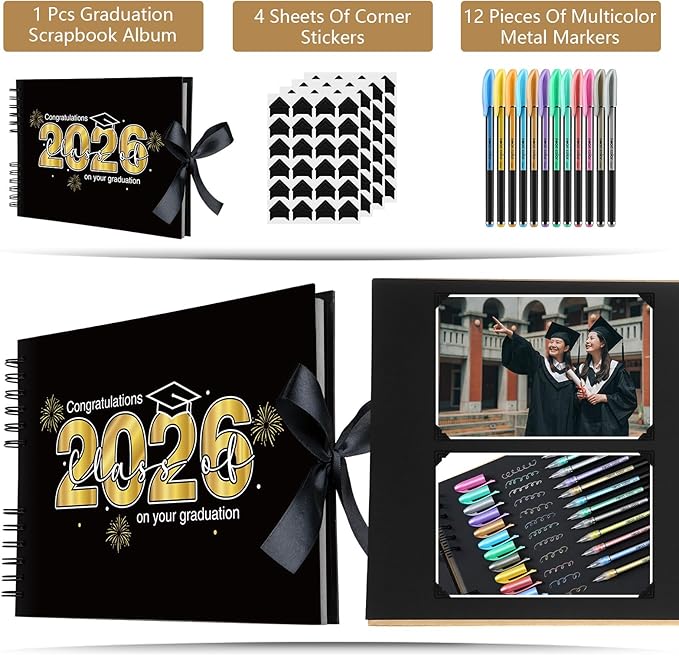 80 Pages Graduation Scrapbook Kit 11 x 8 Inch Photo Album of 2026 Graduation Decoration with 12 Metal Pens and 4 Sheets Stickers for DIY School Congrats Grad Memory Book to Sign(Black)