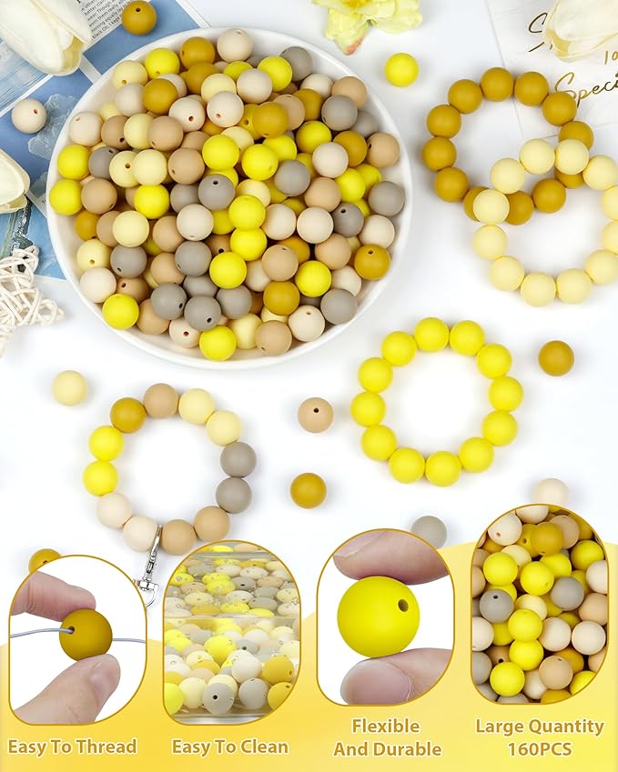 160pcs fiveizero 15mm silicone beads for keychain making - mixed color round rubber beads bulk, diy craft supplies for bracelets necklaces pens(yellow)