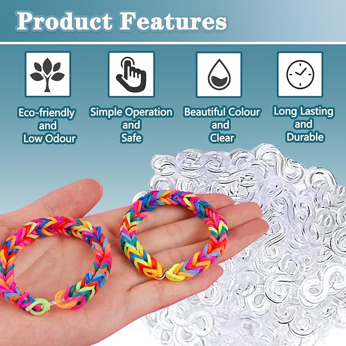 PUSNMI S Clips Rubber Band Clips 1000 Pieces Loom Rubber Band Clips Plastic Band Clips Connectors Refills Bracelet Kit Clip for Loom Bracelets DIY Making Refill Kit, Clear