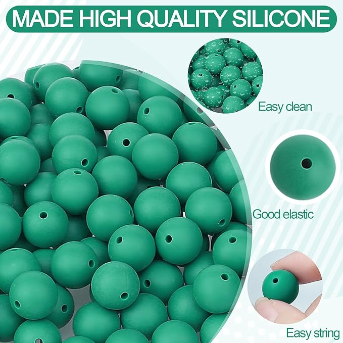 MAIBAOTA 120 Pcs Deep Green Silicone Beads - 15 mm Round Beads for Keychain, Pens, Bracelets, Necklaces - Bulk Pack with Boxed Kits