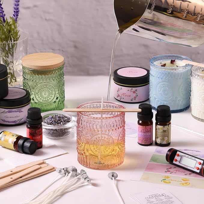 DARJEN Candle Making Kits - Soy Candles Making Supplies for Adults Including 4 Candle Jars(Clear, Pink, Blue, Green), Candle Tins, Wax, Scents, Dried Flower & More, DIY Arts & Crafts Kits Home Decor