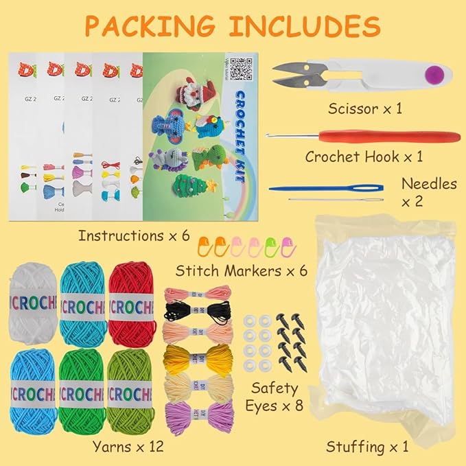 KIECIK 6Pcs Crochet Kit for Beginners, Knitting Kit for Adults, Crochet Animal Kits with Step by Step Videos Tutorials, Knitting Kit Great Birthday Holiday Gift, DIY Keychain Pendants (Set-01)