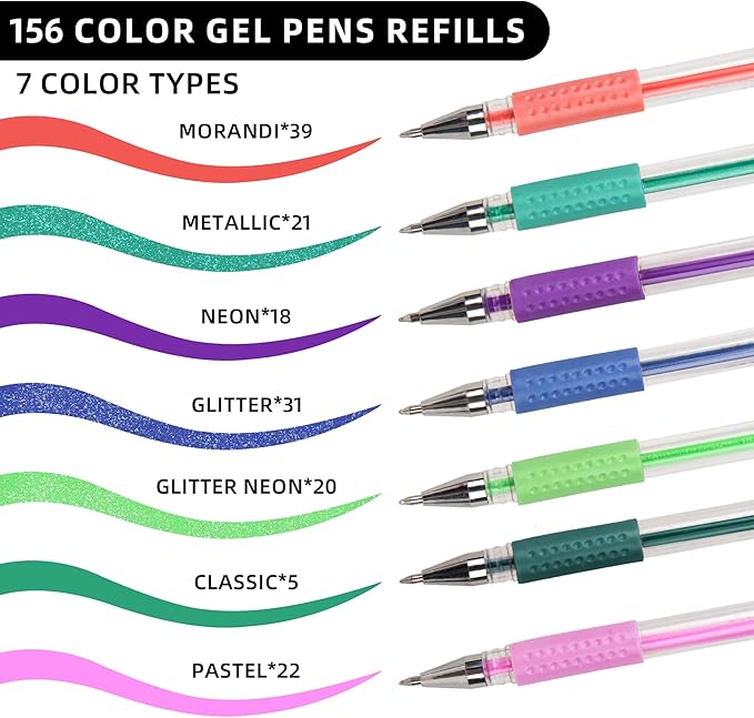 Glitter Gel Pen Refills, 156 Colors Gel Ink Pen Refills Replacements, Metallic Neon Ink Refills for Adults Coloring Book Drawing Doodling Journaling Art Supplies