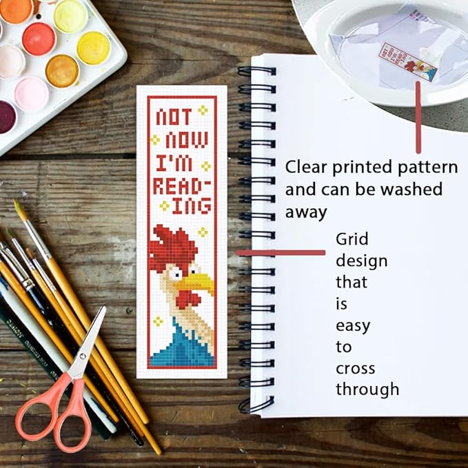 ORIGACH 6 Pcs Cross Stitch Bookmark Kit for Beginner Adults, Cute Chicks and Words Stamped Embroidery Bookmark Kit with Instruction for Starters Printed Cross Stitch DIY Kits for Book Lovers