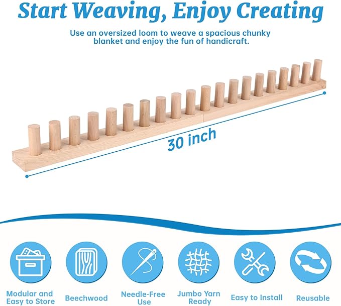 cenoz 30" Beechwood Chunky Knitting Blanket Loom Kit - Adjustable Size Hand Knitting Loom for DIY Throw Chunky Yarn Blankets Scarves Rugs, No Needles Required, Blanket Loom Gift for Beginners Starter