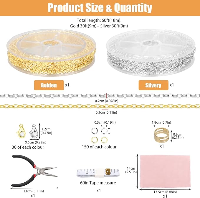 Fesorsi 62 ft Steel Chains for Jewelry Making, Gold & Silver 2mm Permanent Jewelry Chain, Electroplating Process, Necklace Chains with 300 Link Ring and 100 Lobster Buckles, for DIY Gifts