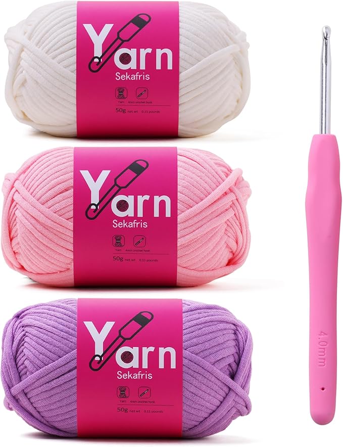 Crochet Yarn with Cotton Yarn for Crocheting - Crochet Knitting Yarn for Beginners with Easy-to-See Stitches - Yarn for Crocheting - Parfait Chunky Yarn (White+Pink+Pale Purple)