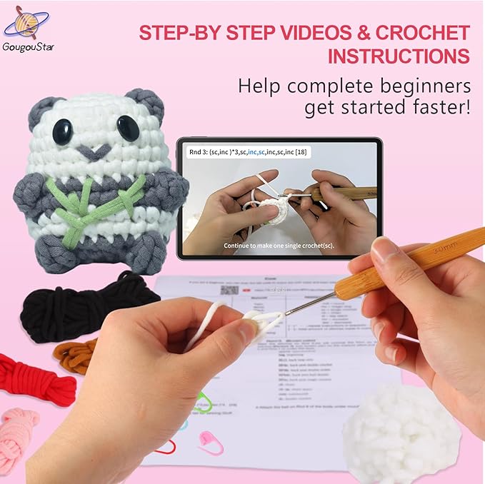 GougouStar Crochet Kit for Beginners, Animal Crochet Kits, Knitting Kit with Step-by-Step Video Tutorials and Crochet Accessories - Amigurumi Beginner Crochet Kit (Gray Panda)