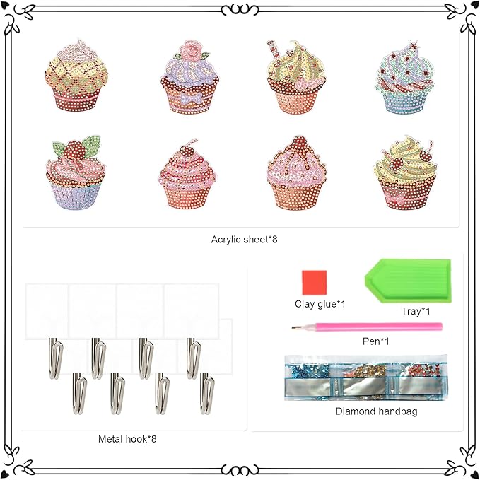 antor 8 Pcs Cupcake Diamond Art Hooks, DIY 5D Crystal Rhinestone Adhesive Wall Hangers, Cute Diamond Painting Hooks for Keys, Towels, Hats, Lightweight Clothes & Home Decoration