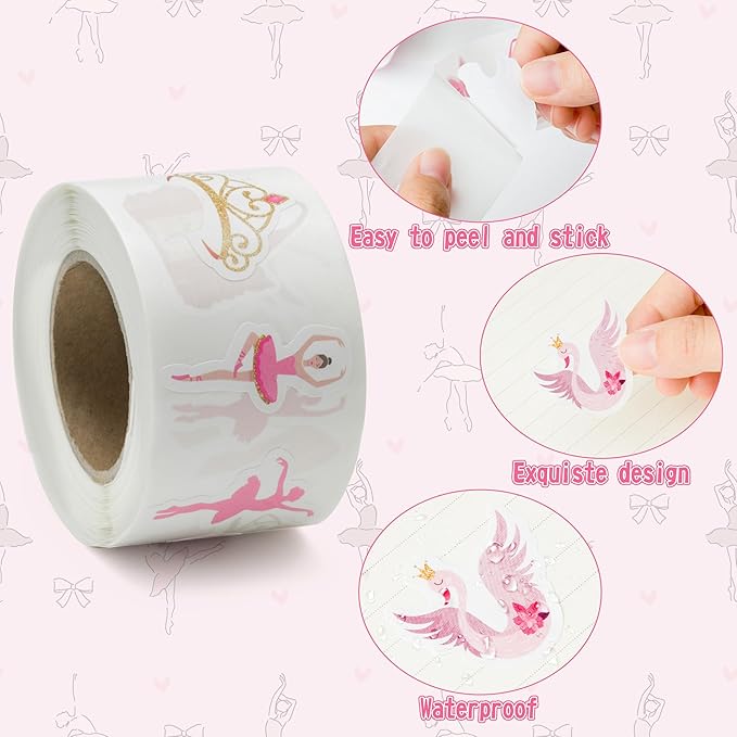 beyumi 1000pcs ballet dance themed stickers in 2 rolls pink dacing movements ballerina stickers waterproof vinyl decals for laptop bottle scrapbooking envelopes party decor gifts for girls kids teens