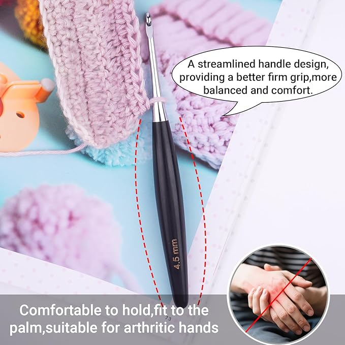Hobekoee Inline Crochet Hooks Set 9 Sizes 3.5mm(E)-8mm(L) Wooden Handle Crochet Hooks Set with Case,Ergonomic Grip for Arthritic Hands