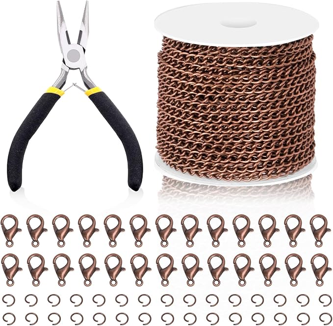 Swpeet 102Pcs Red Bronze 3mm by 10 Yard Length Jewelry Making Chains Kit with Jump Rings, Lobster Clasps and Jewelry Plier, Necklace Chains Flat Cable Link Chain Bulk Ideal for DIY Craft Jewel Making