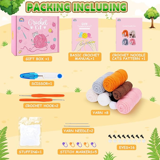 Fortuning's JDS Crochet Kit for Beginners, 4 Pack Funny Cat Crochet Kits, Animal Starter Crochet Kit with Step-by-Step Video Tutorials, Easy DIY Cat Craft for Adults, Novelty Gift for Crochet Lovers
